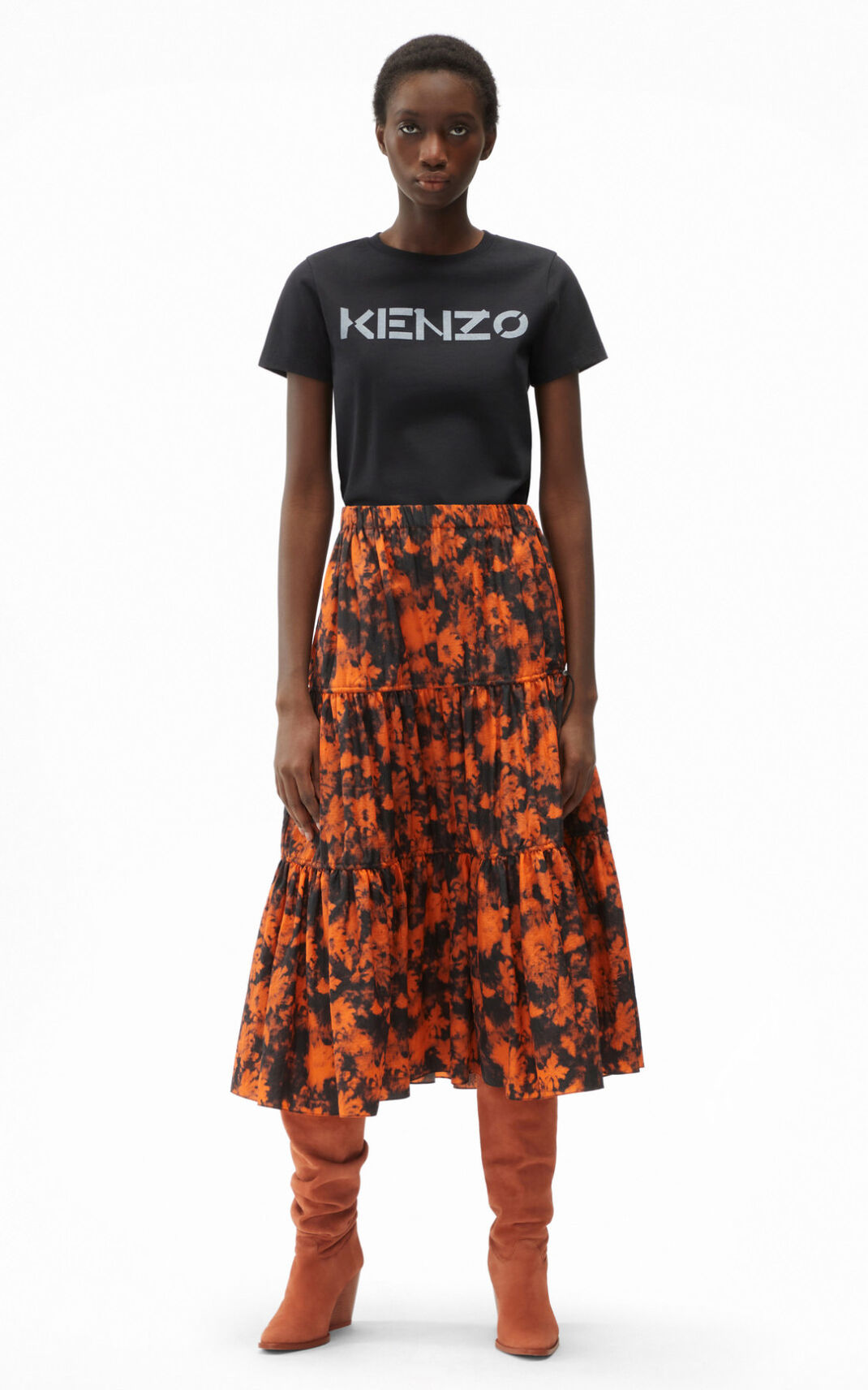 Kenzo Ghost Flower Midi Etek Bayan Turuncu | 3027-GDBEU